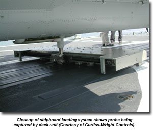 Closeup of shipboard landing system shows probe being captured by deck unit (Courtesy of Curtiss-Wright Controls).