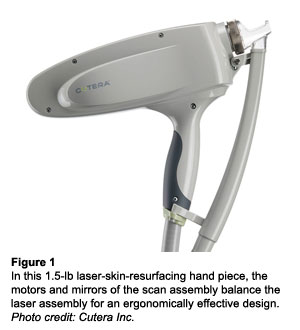 Figure 1 - In this 1.5-lb laser-skin-resurfacing hand piece, the motors and mirrors of the scan assembly balance the laser assembly for an ergonomically effective design. Photo credit: Cutera Inc.