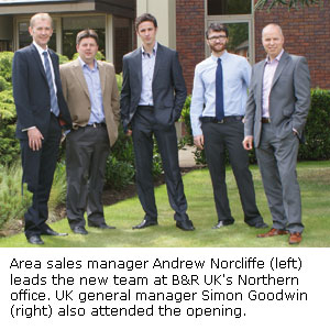 Area sales manager Andrew Norcliffe (left) leads the new team at B&R UK's Northern office. UK general manager Simon Goodwin (right) also attended the opening.