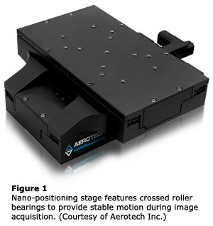 Figure 1:  Nano-positioning stage features crossed roller bearings to provide stable motion during image acquisition. (Courtesy of Aerotech Inc.) 