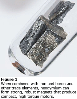 When combined with iron and boron and other trace elements, neodymium can form strong, robust magnets that produce compact, high torque motors.