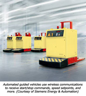 Automated guided vehicles use wireless communications to receive start/stop commands, speed setpoints, and more. (Courtesy of Siemens Energy & Automation)