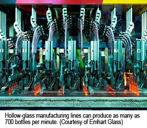 Hollow-glass manufacturing lines can produce as many as 700 bottles per minute. (Courtesy of Emhart Glass)