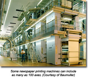 Some newspaper printing machines can include as many as 100 axes. (Courtesy of Baumuller)