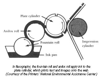 In flexography, the fountain roll and anilox roll apply ink to the plate cylinder, which prints text and images onto the web. (Courtesy of the Printers’ National Environmental Assistance Center.)