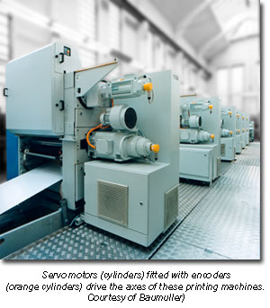 Servo motors (cylinders) fitted with encoders (orange cylinders) drive the axes of these printing machines. (Courtesy of Baumuller)