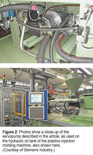 Figure 2: Photos show a close-up of the servopump described in the article, as used on the hydraulic oil tank of the plastics injection molding machine, also shown here.  Courtesy of Siemens Industry