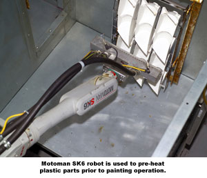 Motoman SK6 robot is used to pre-heat plastic parts prior to painting operation.