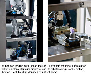 9.	66-position loading carousel on the DMG ultrasonic machine, each station holding a blank of lithium disilicate, prior to robot loading into the cutting theater.  Each blank is identified by patient name.  