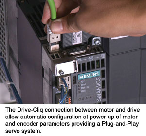 The Drive-Cliq connection between motor and drive allow automatic configuration at power-up of motor and encoder parameters providing a Plug-and-Play servo system. 
