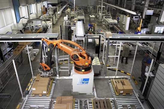 The Robot Palletising system is designed for palletising the output of three or even four production lines for folded cardboard boxes. 