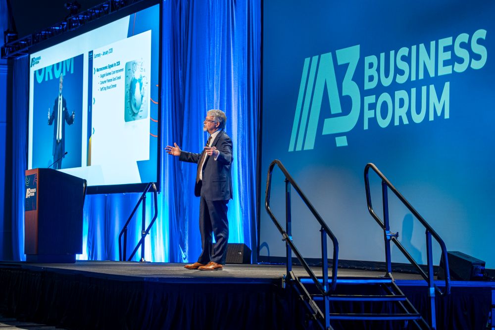 Brian Beaulieu, CEO and Chief Economist, ITR Economics, addresses attendees at the 2026 A3 Business Forum in his keynote address: “Importance of ITR Economics’ Outlook for 2026 and Early 2027.”
