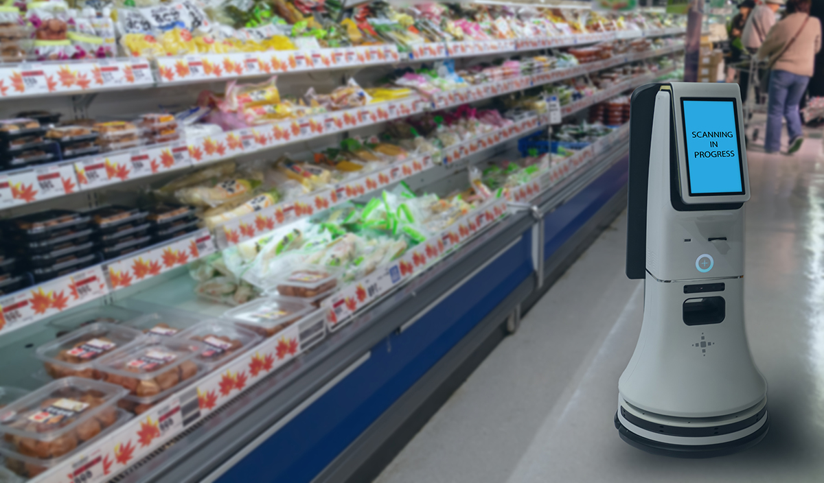 Stock photo of a service robot in the grocery store.
