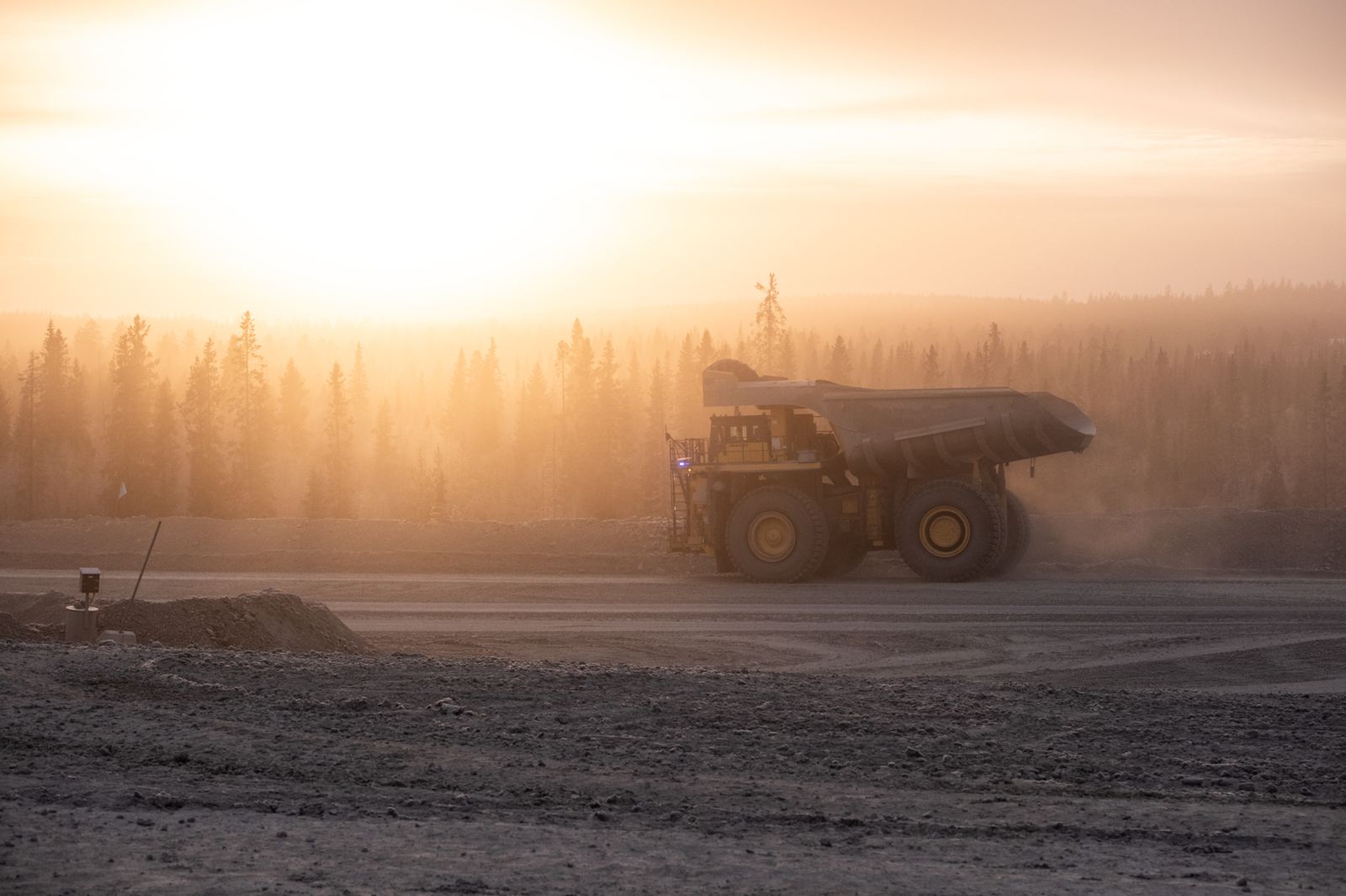 Autonomous truck driving at dusk