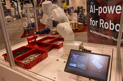 FIGURE 3: Off-the-shelf camera pairs couple with AI-powered robotic vision software to guide an industrial robot in picking and placing multiple bolt sizes and shapes. This type of sorting and kitting is common in automotive manufacturing. (Image Courtesy of Apera AI.)