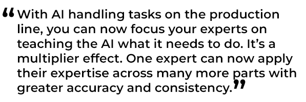 With AI handling tasks on the production line, you can now focus your experts on teaching the AI what it needs to do. It’s a multiplier effect. One expert can now apply their expertise across many more parts with greater accuracy and consistency.