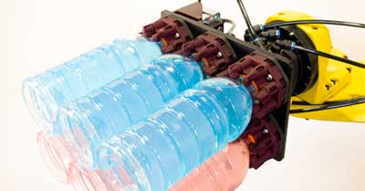 Figure 6: To reduce operating costs, carbon footprint, and noise, each row of mechanical grippers uses a single pneumatic actuator that consumes just a small fraction of the compressed air that the expandable rubber grippers or finger grippers do, and each actuator has its own high-volume airline.