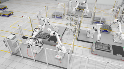 Figure 2: A digital twin rendering of a material handling micro-factory. (Courtesy ABB Robotics)