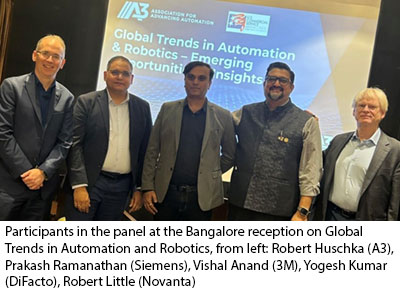 Participants in the panel at the Bangalore reception on Global Trends in Automation and Robotics, from left: Robert Huschka (A3), Prakash Ramanathan (Siemens), Vishal Anand (3M), Yogesh Kumar (DiFacto), Robert Little (Novanta)