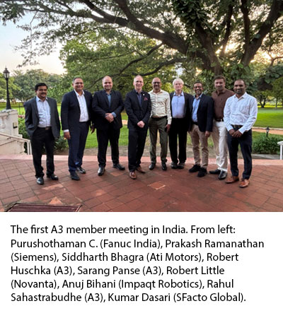 The first A3 member meeting in India. From left: Purushothaman C. (Fanuc India), Prakash Ramanathan (Siemens), Siddharth Bhagra (Ati Motors), Robert Huschka (A3), Sarang Panse (A3), Robert Little (Novanta), Anuj Bihani (Impaqt Robotics), Rahul Sahastrabudhe (A3), Kumar Dasari (SFacto Global).