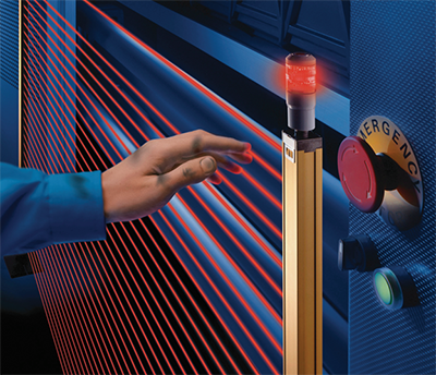 Figure 1: Light curtains create an invisible barrier of light beams. When something or someone interrupts one or more of the beams, a safety response is triggered. (Image courtesy of Omron Automation Americas.)