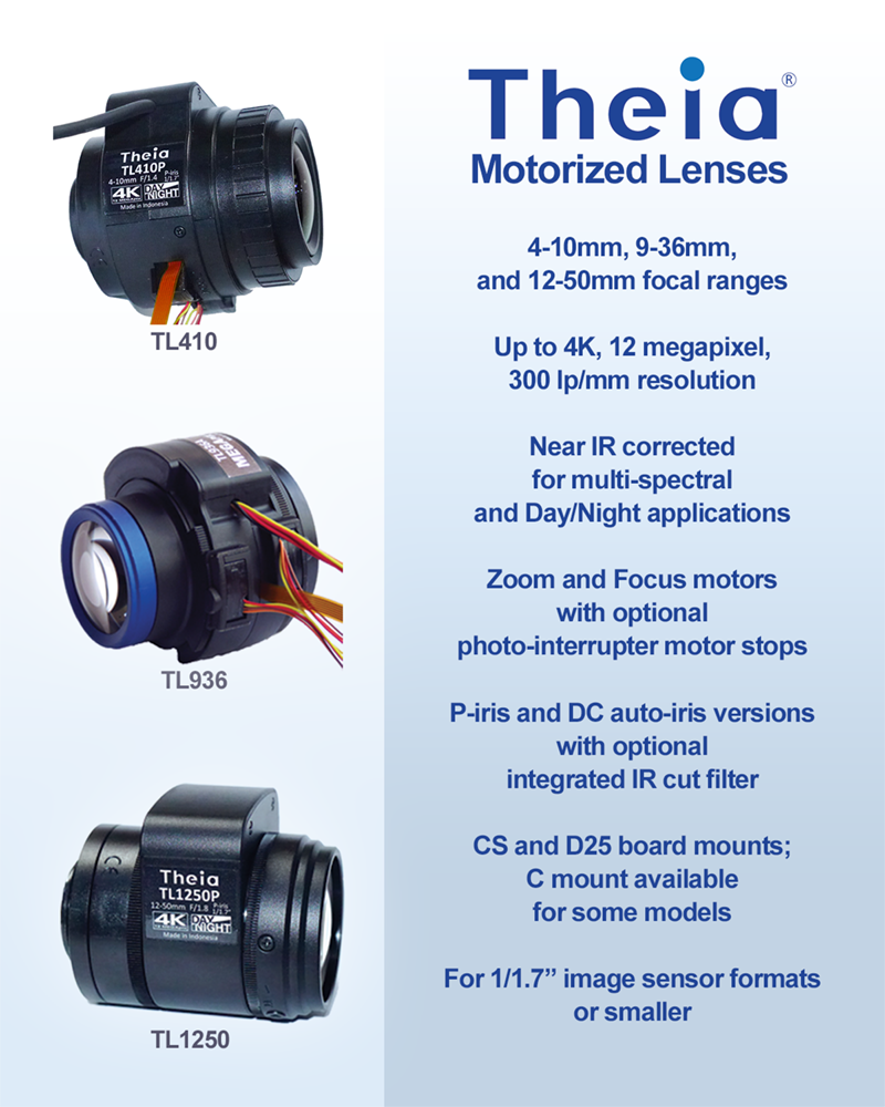 These motorized lenses have proven themselves in a variety of automation applications, including robots and ITS applications. Image courtesy of Theia Technologies.