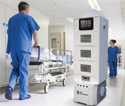 Sir Steward builds a variety of mobile service robots on standard Omron AMR platforms and has deployed them in various facilities, such as hospitals, long-term care facilities, restaurants, and hotels. The robots can deliver items to rooms, send notifications when deliveries arrive, and even interface with elevator controls for seamless navigation. (Image courtesy of Sir Steward.)