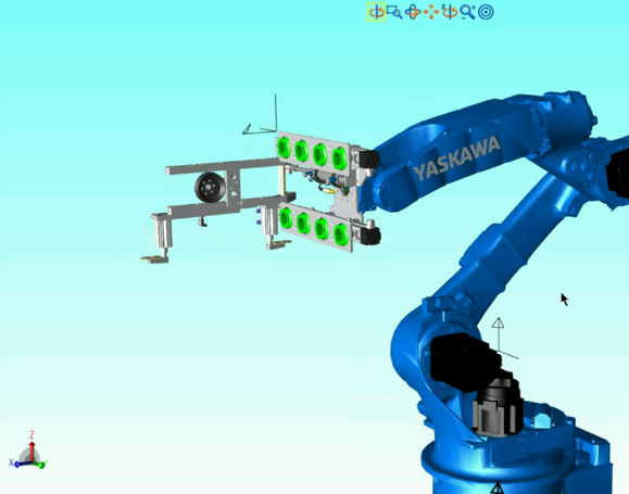 BMG uses simulation software to visualize its EOAT. Here, is a screen shot of a custom gripper designed by BMG shown mounted on a Yaskawa Motoman robot arm. Credit: BMG