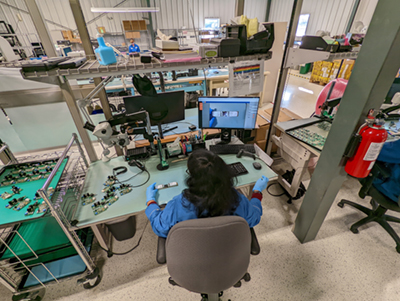 AI visual inspection systems offer decision support for manual inspection of high-value, customized products in electronics assembly applications that are not well suited for automation. (Image courtesy of Pleora Technologies.)