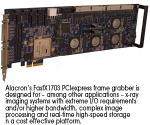 Alacron’s FastX1703 PCIexpress frame grabber is designed for – among other applications – x-ray imaging systems with extreme I/O requirements and/or higher bandwidth, complex image processing and real-time high-speed storage in a cost effective platform.