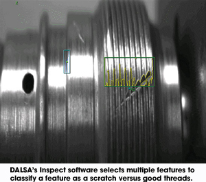 DALSA's Inspect software selects multiple features to classify a feature as a scratch versus good threads.