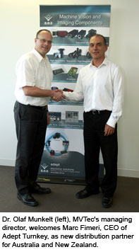 Dr. Olaf Munkelt (left), MVTec's managing director, welcomes Marc Fimeri, CEO of Adept Turnkey, as new distribution partner for Australia and New Zealand.