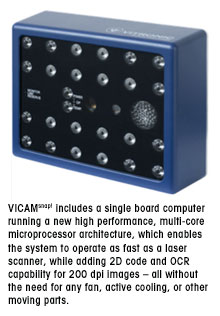 VICAMsnap! includes a single board computer running a new high performance, multi-core microprocessor architecture, which enables the system to operate as fast as a laser scanner, while adding 2D code and OCR capability for 200 dpi images – all without the need for any fan, active cooling, or other moving parts. 