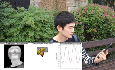 Figure 2: Low-cost thermal cameras interfaced to mobile phones can track how fast a person is breathing. Photo courtesy University College London.