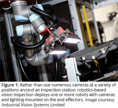 Figure 1: Rather than use numerous cameras at a variety of positions around an inspection station, robotics-based vision inspection deploys one or more robots with cameras and lighting mounted on the end effectors. Image courtesy Industrial Vision Systems Limited.