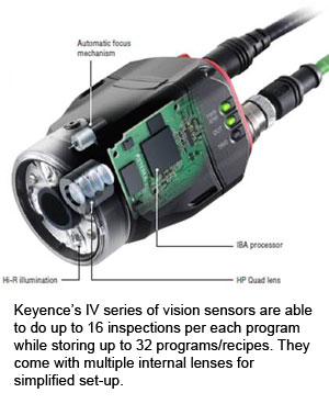 Keyence’s IV series of vision sensors are able to do up to 16 inspections per each program while storing up to 32 programs/recipes. They come with multiple internal lenses for simplified set-up. 