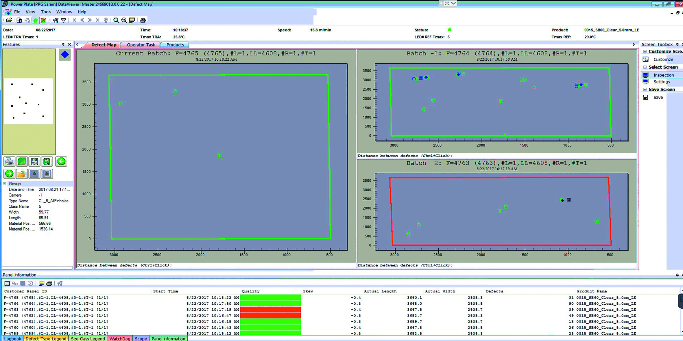 The clearly arranged user interface immediately displays defect data and calculated quality (in green and red bar diagram).