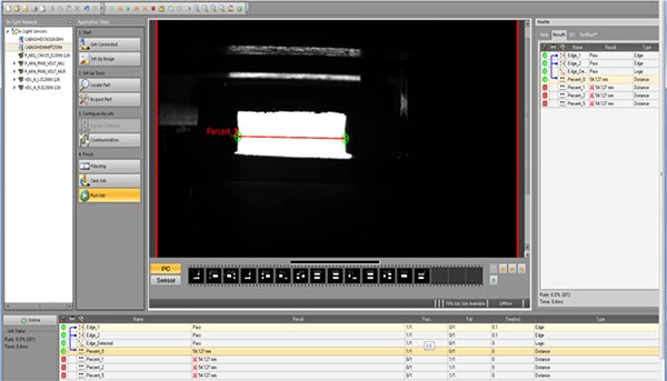 In-Sight software in “easy builder view” for chain-stretch monitoring. The center image shows a chain link and its internal length. The top right column shows the In-Sight Explorer algorithms used in the inspection process, while the lower section shows the pass/fail result for each chain link. 