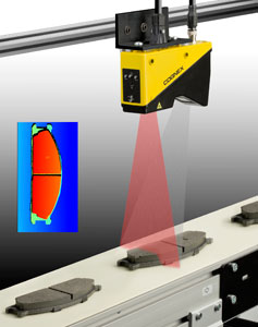 The Cognex DS1000 series 3D laser profiler creates a 3D image of a brake pad to determine surface defects on low contrast parts.