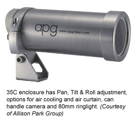 35C enclosure has Pan, Tilt & Roll adjustment, options for air cooling and air curtain, can handle camera and 80mm ringlight. (Courtesy of Allison Park Group)