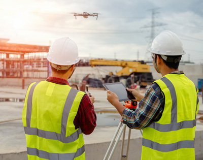 construction workers operating drone