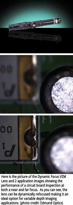 Here is the picture of the Dynamic Focus VZM Lens and 2 application images showing the performance of a circuit board inspection at both a near and far focus.  As you can see, the lens can be dynamically refocused making it an ideal option for variable depth imaging applications. (photo credit: Edmund Optics)
