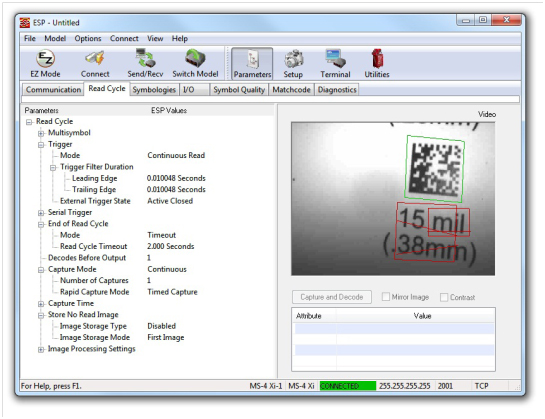 Configuration software allows adjustments to be made to device settings from outside the machine, including setting focus, scan area, inspection criteria, and more