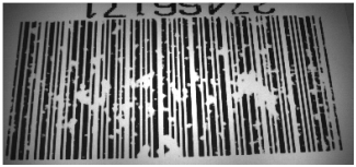Environmental conditions have damaged this linear code to the point where significant portions of the bars have been blotched out, rendering it unreadable by standard equipment.