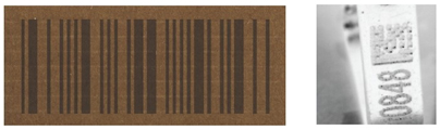Dark barcodes printed on dark backgrounds (like this 1D barcode on cardboard), or light symbols marked on light or reflective materials (like this 2D Data Matrix on metal), can cause no read results due to poor contrast between light and dark symbol elements.