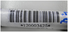 Poor distribution of ink on this test tube barcode label has resulted in some white spots within the bar elements, which may lead to readability issues.