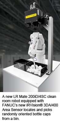 A new LR Mate 200iD/4SC clean room robot equipped with FANUC’s new iRVision® 3DA/400 Area Sensor locates and picks randomly oriented bottle caps from a bin.