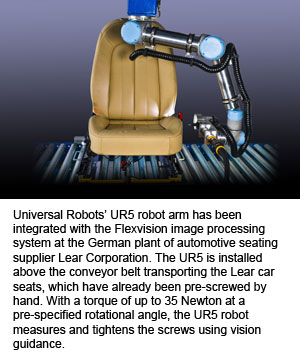 Universal Robots’ UR5 robot arm has been integrated with the Flexvision image processing system at the German plant of automotive seating supplier Lear Corporation. 