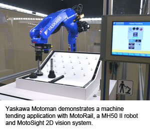 Yaskawa Motoman demonstrates a machine tending application with MotoRail, a MH50 II robot and MotoSight 2D vision system.