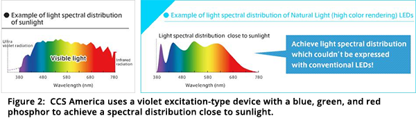Figure 2:  CCS America uses a violet excitation-type device with a blue, green, and red phosphor to achieve a spectral distribution close to sunlight.